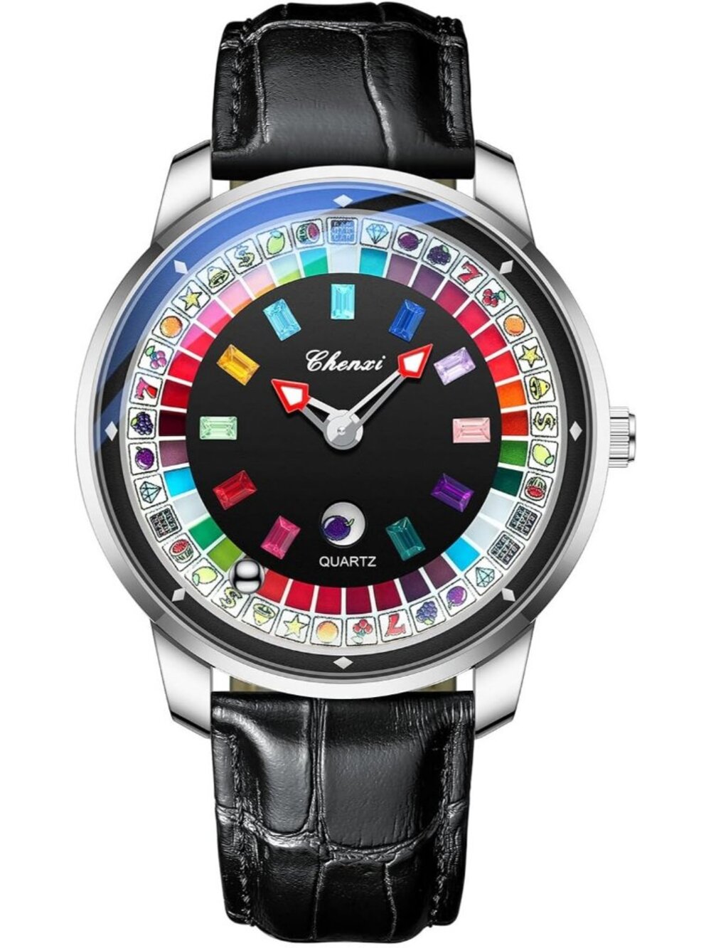Men's Silver Rotating Dial Black Genuine Leather Strap 44mm Large Face Watches